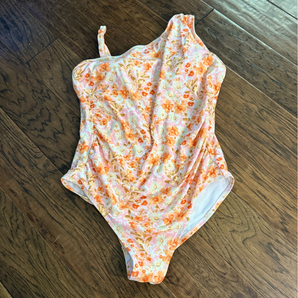 Kona Sol Orange Floral One-Shoulder One-Piece Swimsuit